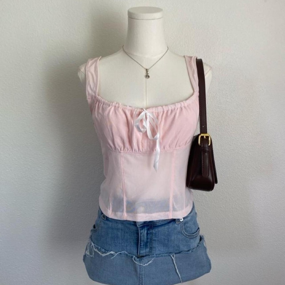 Y2K Francesca's Corset Cami Top Coquette Milkmaid Pink Mesh Sheer